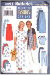 4891 BUTTERICK EZ LONG EMPIRE JUMPER DRESS, VEST, TOP,  BOTTOMS PATTERN XS-XL 2 CHOICES UNCUT